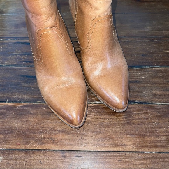 Frye Tan Leather Ankle Booties with Stacked Heel - Picture 3 of 7